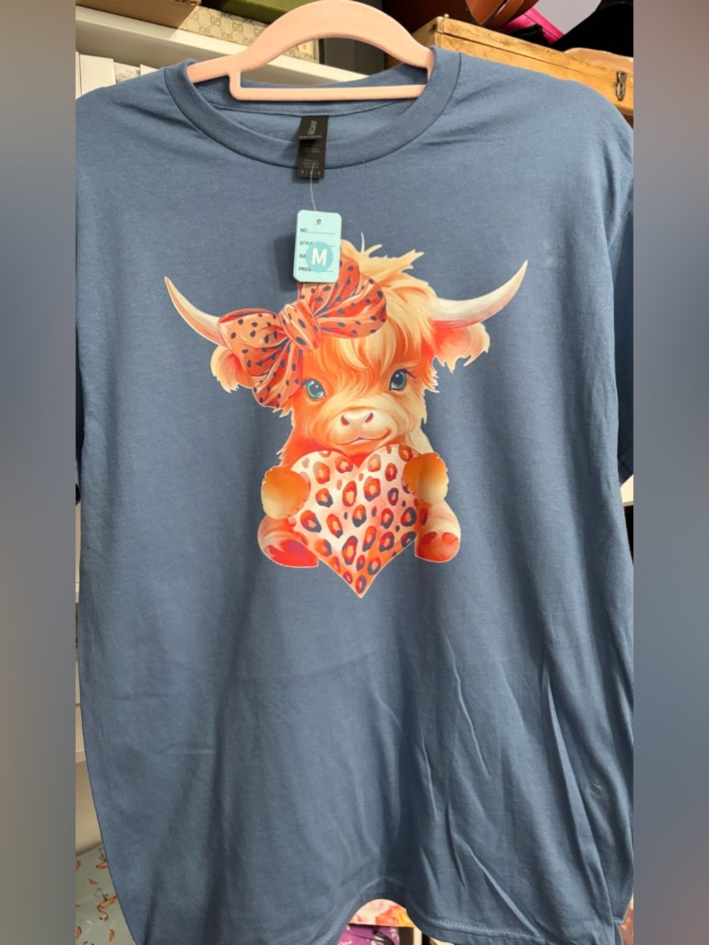 NEW Blue Graphic Tee with Cute Cow Heart size Medium